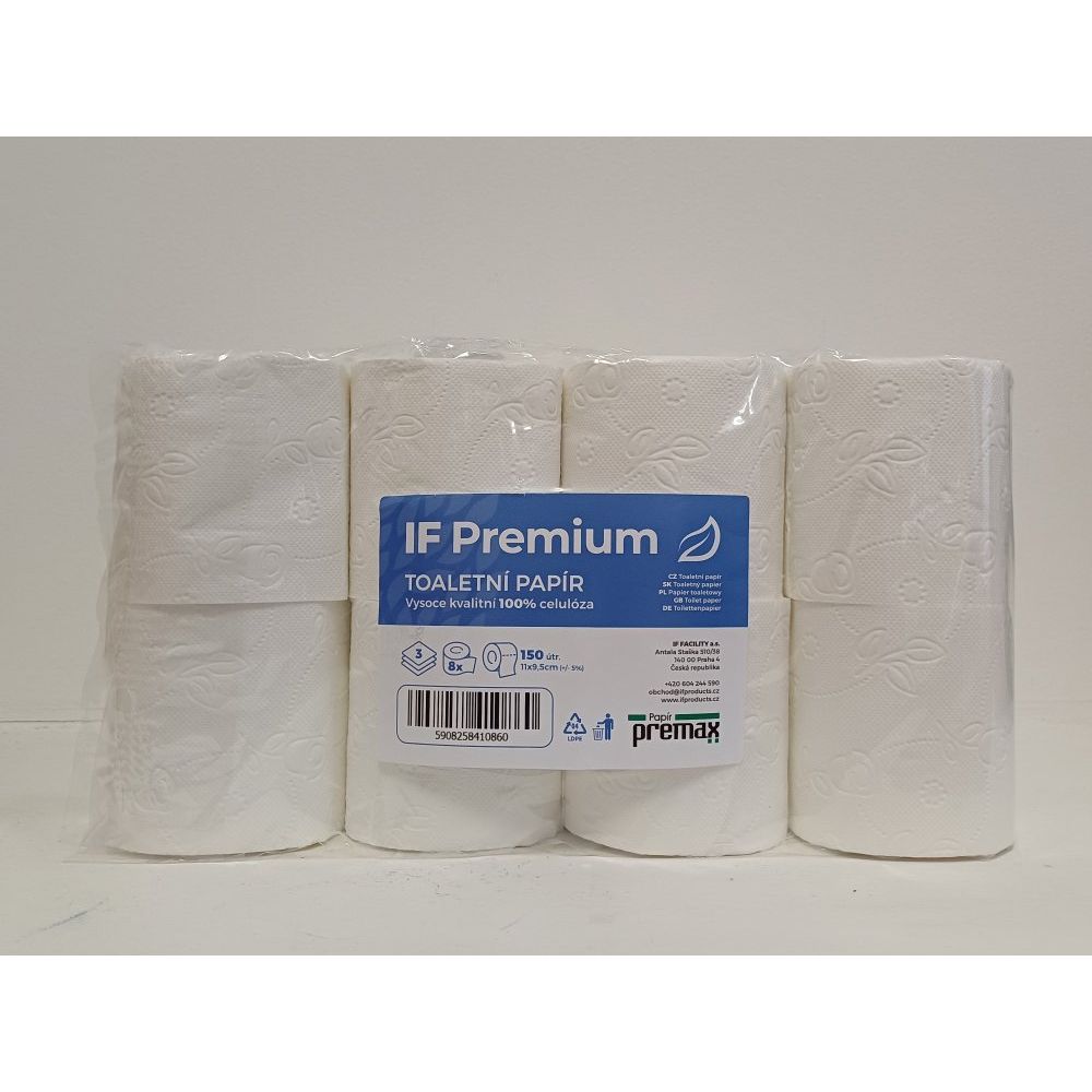 Třívrstvý toaletní papír IF PREMIUM celulóza, 150 útržků, 8 rolí