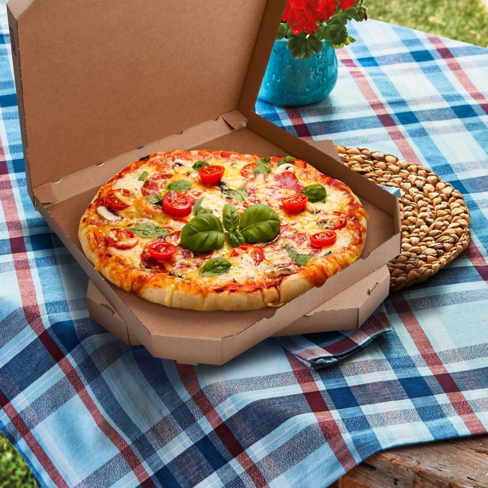 Krabice na pizzu (mikrovlnitá lepenka) E6 kraft s potiskem 33 x 33 x 3 cm [100 ks]